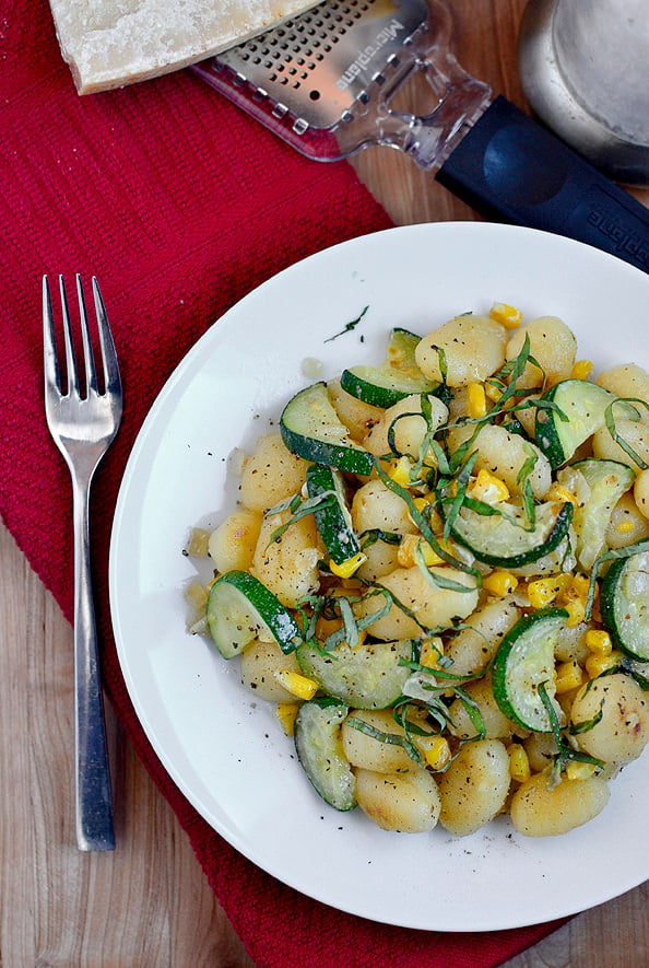 Quick & Easy Crispy Gnocchi with Zucchini, Sweet Corn and Basil | iowagirleats.com