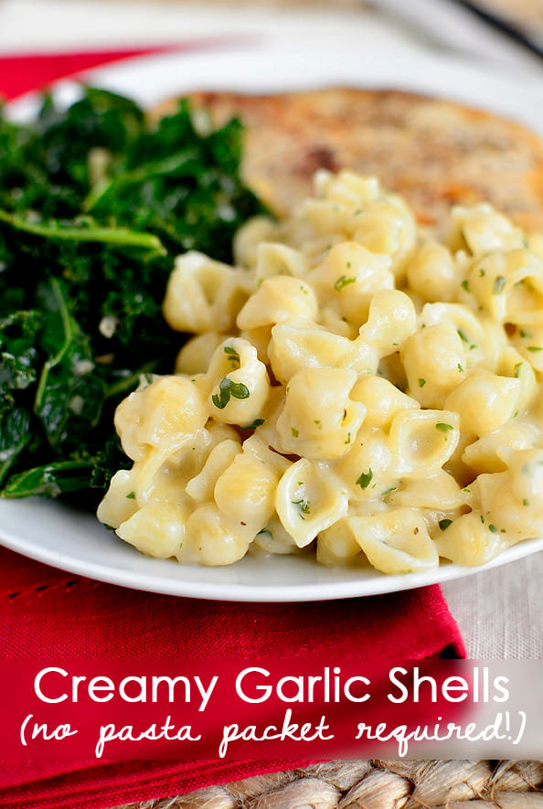 Creamy Garlic Shells is an easy pasta side dish. No store bought pouch required! | iowagirleats.com