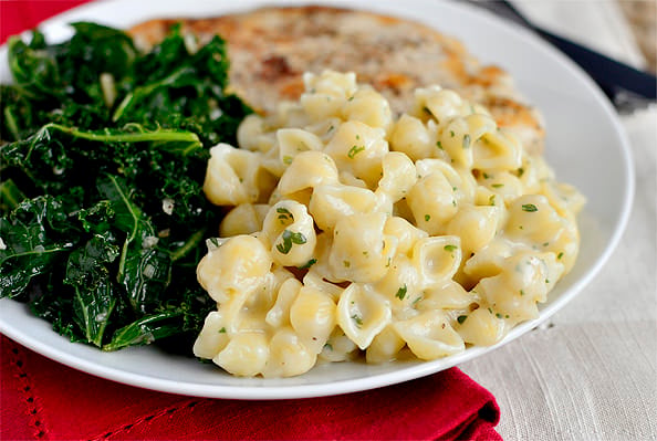 Creamy Garlic Shells is an easy pasta side dish. No store bought pouch required! | iowagirleats.com