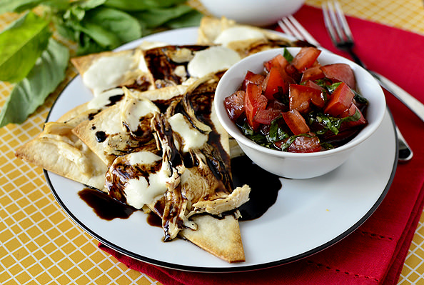Caprese Chicken Nachos with Marinated Tomatoes and Balsamic Reduction | iowagirleats.com