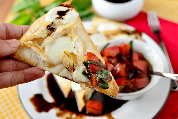 Caprese Chicken Nachos with Marinated Tomatoes and Balsamic Reduction | iowagirleats.com