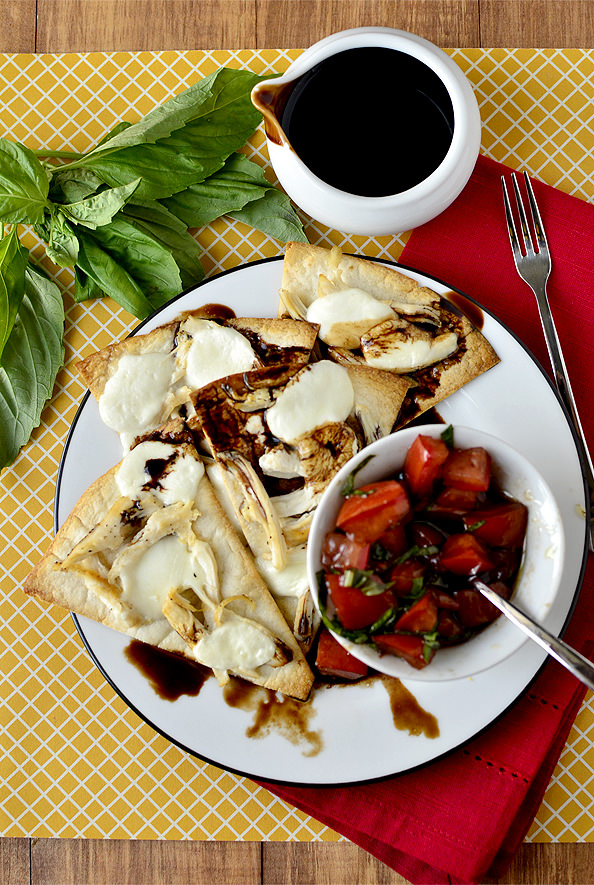 Caprese Chicken Nachos with Marinated Tomatoes and Balsamic Reduction | iowagirleats.com
