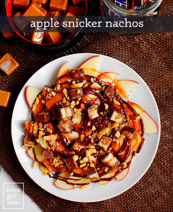 overhead photo of a plate of apple snicker nachos