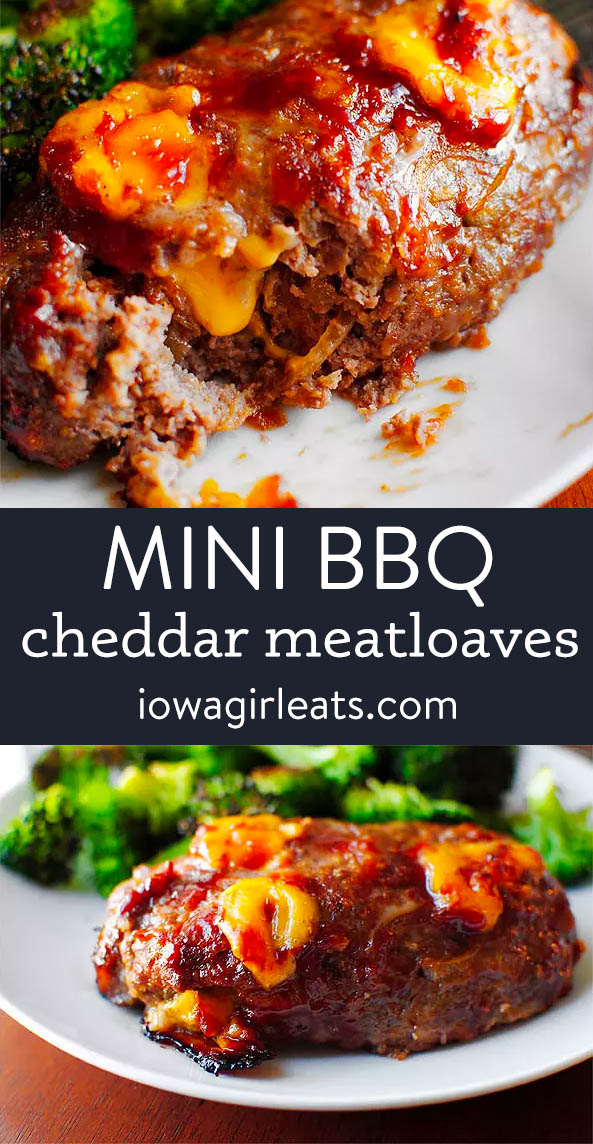 Photo collage of mini bbq cheddar meatloaves