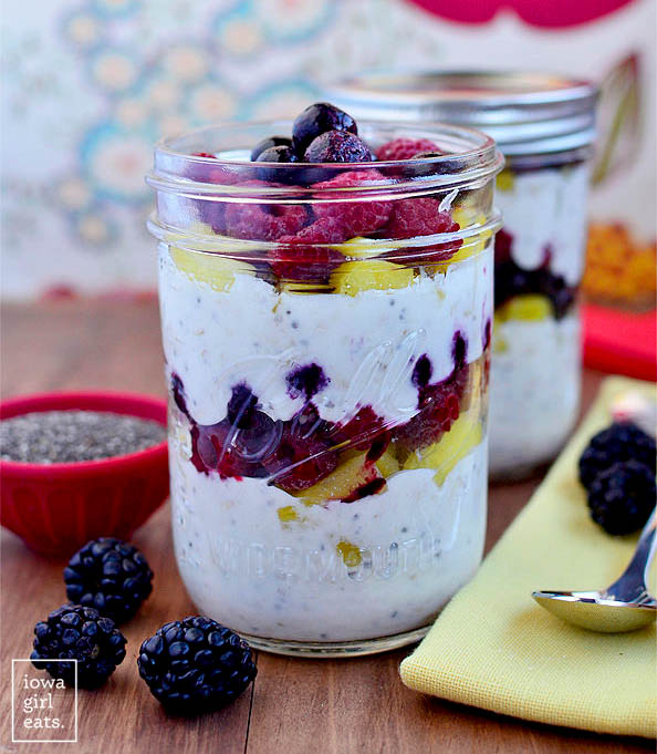 fruit and yogurt breakfast parfaits in mason jars