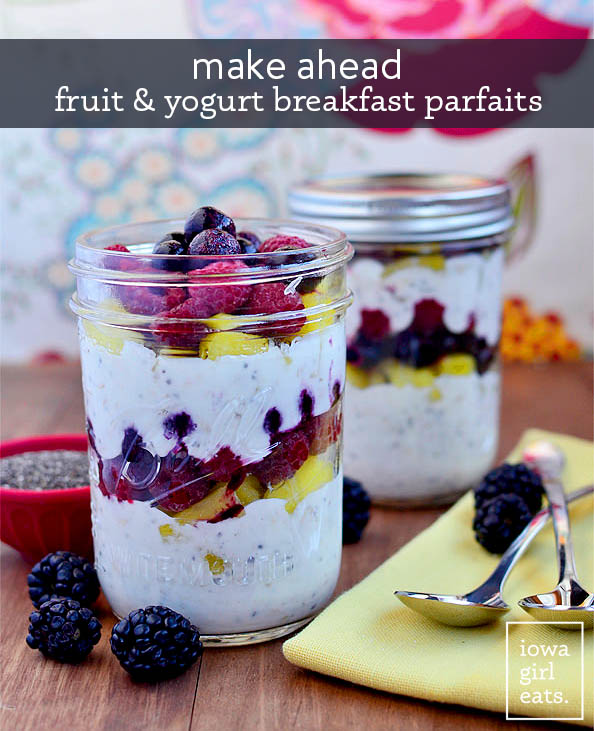 fruit and yogurt breakfast parfaits in mason jars