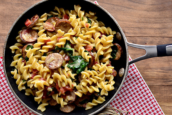 Spicy Sausage Pasta Skillet is a hearty main dish made in just 1 skillet! | iowagirleats.com