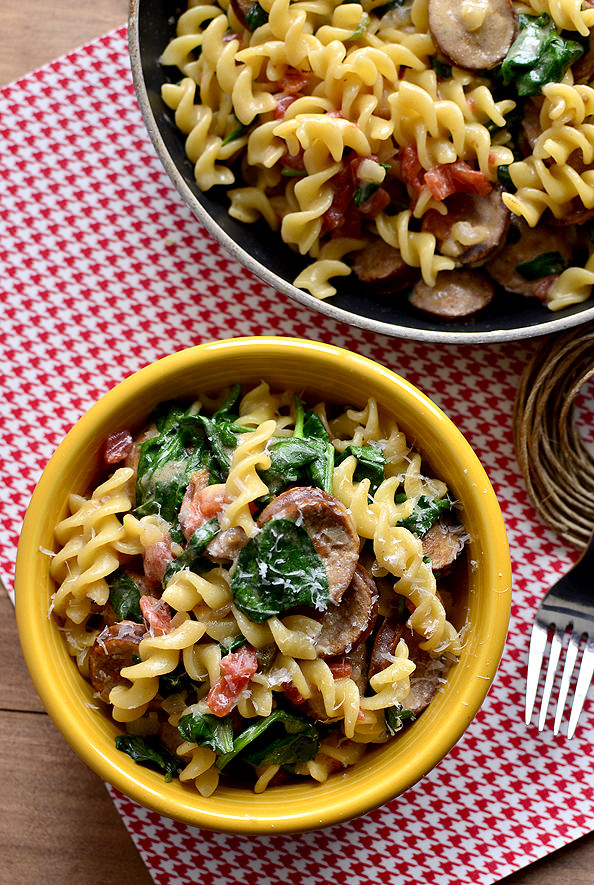 Spicy Sausage Pasta Skillet is a hearty main dish made in just 1 skillet! | iowagirleats.com