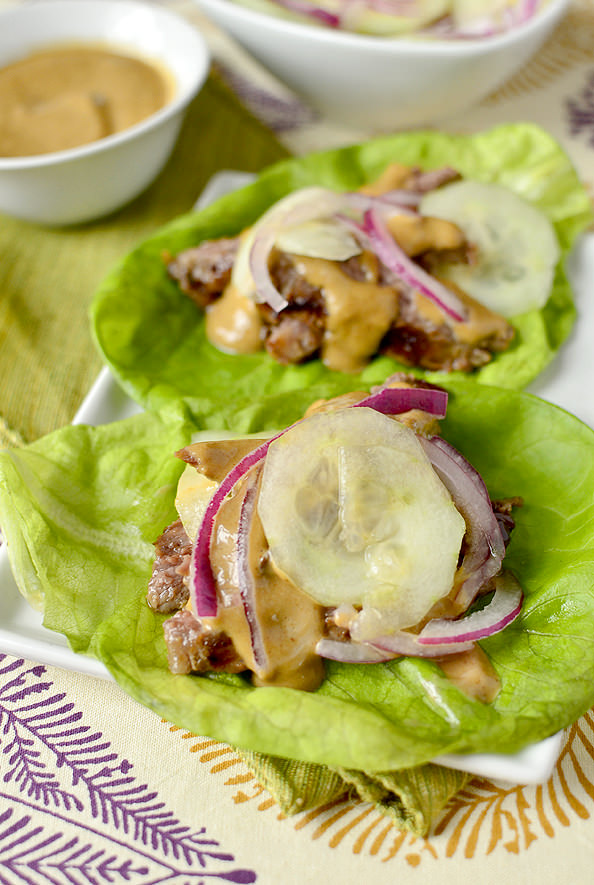 Thai Steak Lettuce Wraps with quick-pickled cucumber and onion | iowagirleats.com