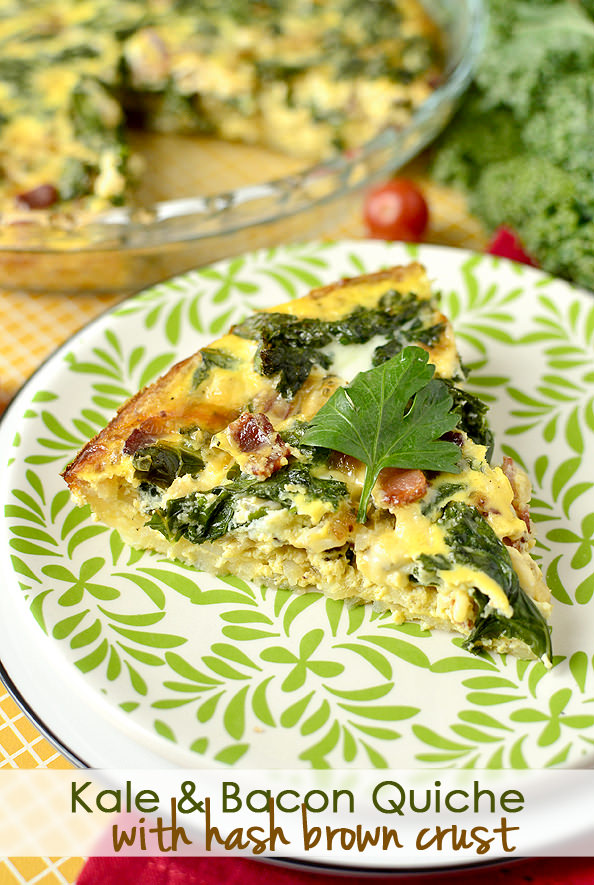 Kale and Bacon Quiche with Hash Brown Crust | iowagirleats.com