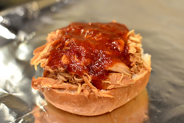 Crock Pot Bourbon Chicken Sammies with Crunchy Apple Slaw | iowagirleats.com