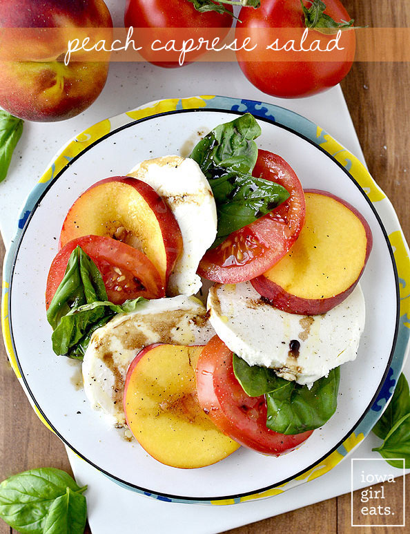Peach Caprese Salad is a summery-sweet twist on classic Caprese Salad. Serve as a light summer supper or a side dish to any grilled dinner! | iowagirleats.com