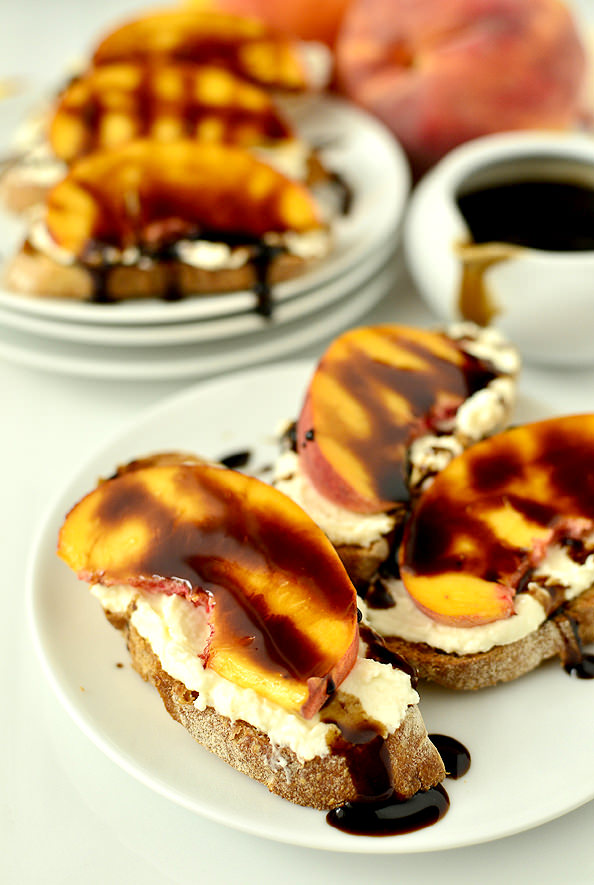 Fresh Peach Crostini with Whipped Honey Feta and Balsamic Drizzle | iowagirleats.com
