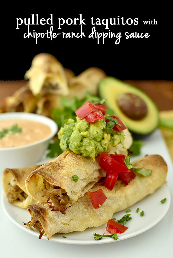 Pulled Pork Taquitos with Chipotle Ranch Dipping Sauce (Crock Pot recipe!) | iowagirleats.com