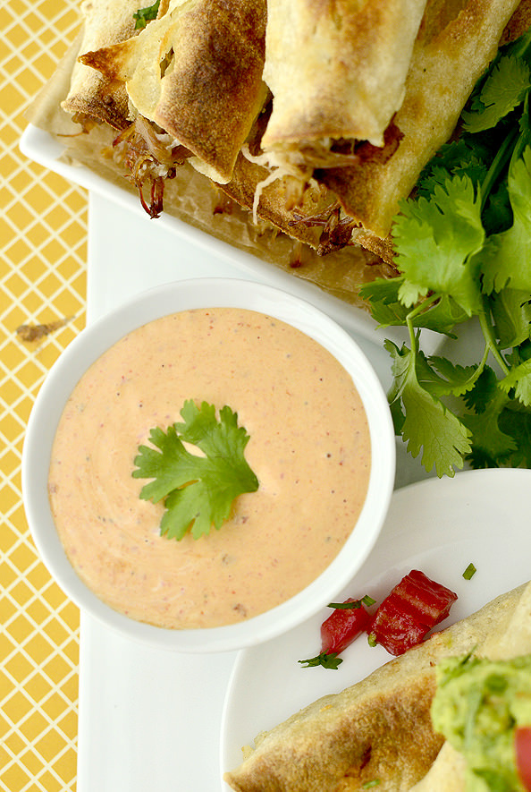 Pulled Pork Taquitos with Chipotle Ranch Dipping Sauce (Crock Pot recipe!) | iowagirleats.com