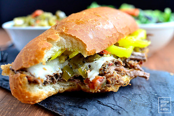 Italian beef sandwich with a bite pulled out