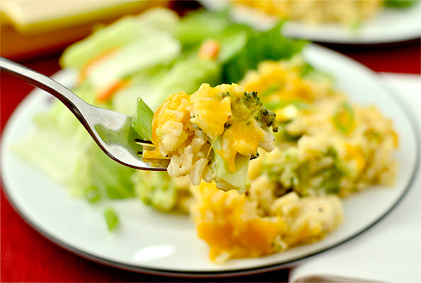 forkful of healthy cheesy chicken and rice casserole