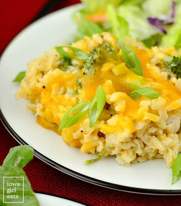 Healthy Cheesy Chicken and Broccoli-Rice Casserole on a plate