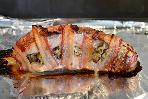 Bacon-Wrapped Turkey Breast with Wild Rice Stuffing and Cranberry-Orange Chutney. Perfect if you're only having a small crowd for Thanksgiving! | iowagirleats.com