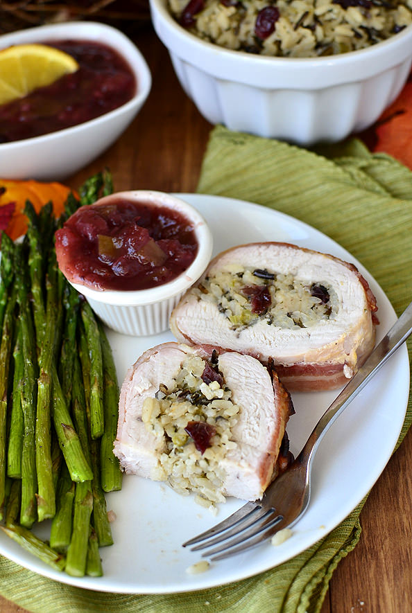 Bacon-Wrapped Turkey Breast with Wild Rice Stuffing and Cranberry-Orange Chutney. Perfect if you're only having a small crowd for Thanksgiving! | iowagirleats.com