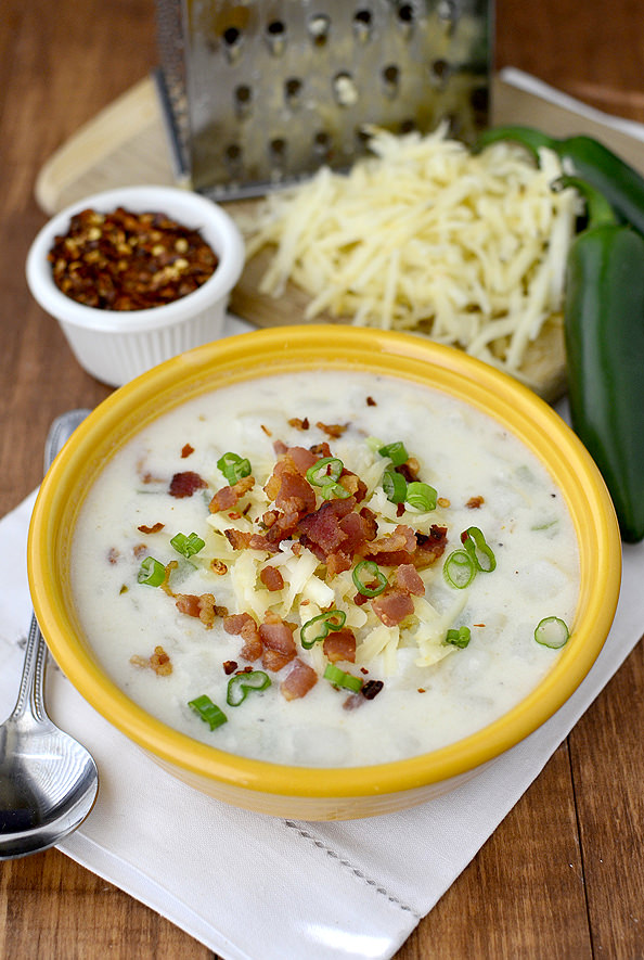 Cheesy Pepper Jack Potato Chowder #dinner #recipe #soup #chowder #winter | iowagirleats.com