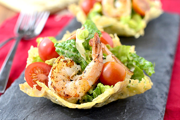 Shrimp Caesar Salad in Crispy Parmesan Cups @IowaGirlEats | iowagirleats.com