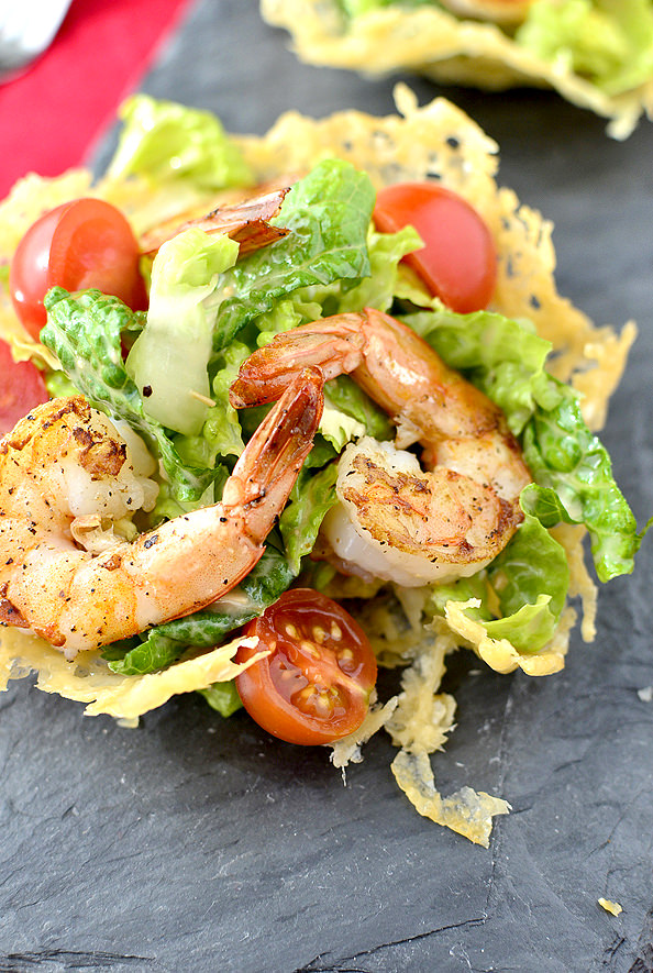 Shrimp Caesar Salad in Crispy Parmesan Cups @IowaGirlEats | iowagirleats.com