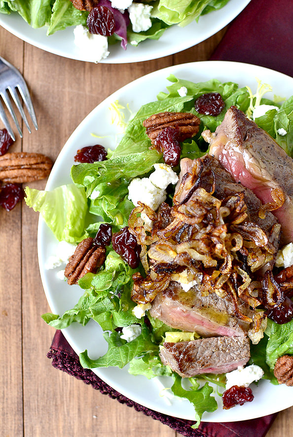 Strip-Steak-Salad-with-Crispy-Shallots-Dried-Cherries-Candied-Pecans-and-Goat-Cheese-iowagirleats.com
