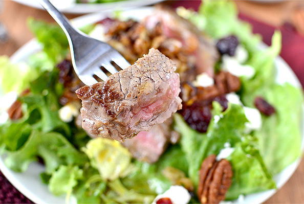Strip-Steak-Salad-with-Crispy-Shallots-Dried-Cherries-Candied-Pecans-and-Goat-Cheese-iowagirleats.com