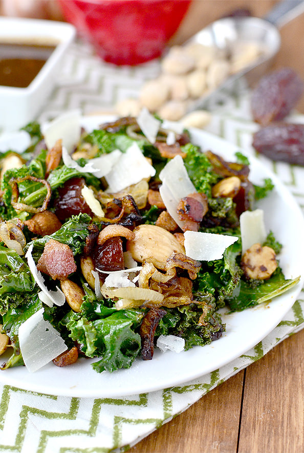 Warm Kale Salad with Bacon, Dates, Almonds, Crispy Shallots and Parmesan | iowagirleats.com