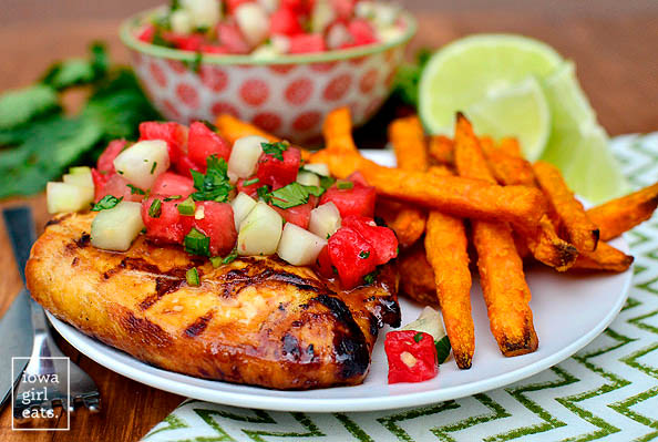 grilled chicken with cucumber watermelon salsa with french fries