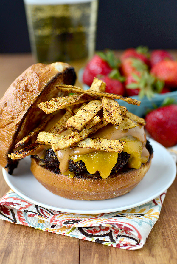 Peppercorn-Crusted BBQ-Ranch Burgers with Chili-Lime Crunchies | iowagirleats.com