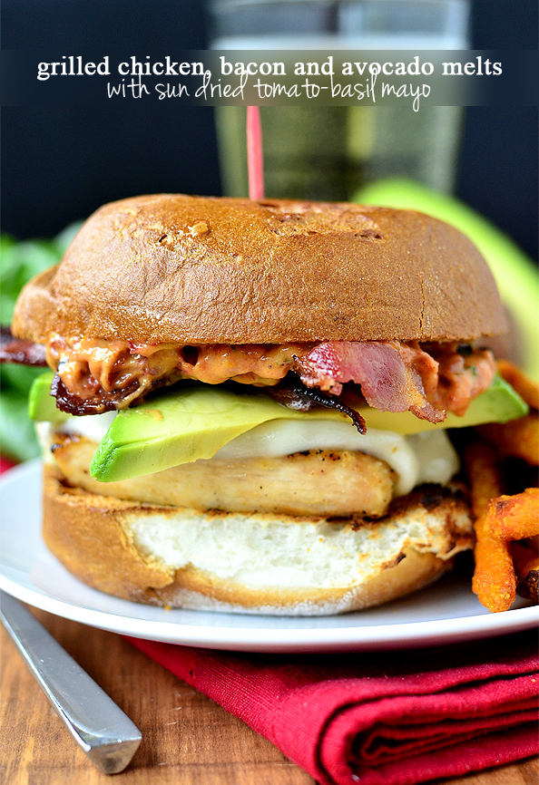 Grilled Chicken, Bacon and Avocado Melts with Sun Dried Tomato-Basil Mayo #glutenfree | iowagirleats.com