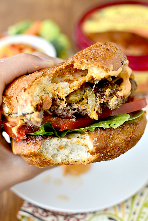 Roasted Red Pepper Hummus Burgers with Caramelized Onions and Smokey Mayo | iowagirleats.com