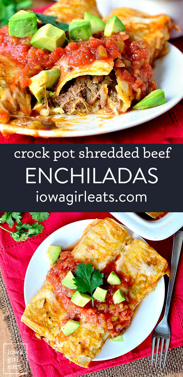 photo collage of crock pot shredded beef enchiladas