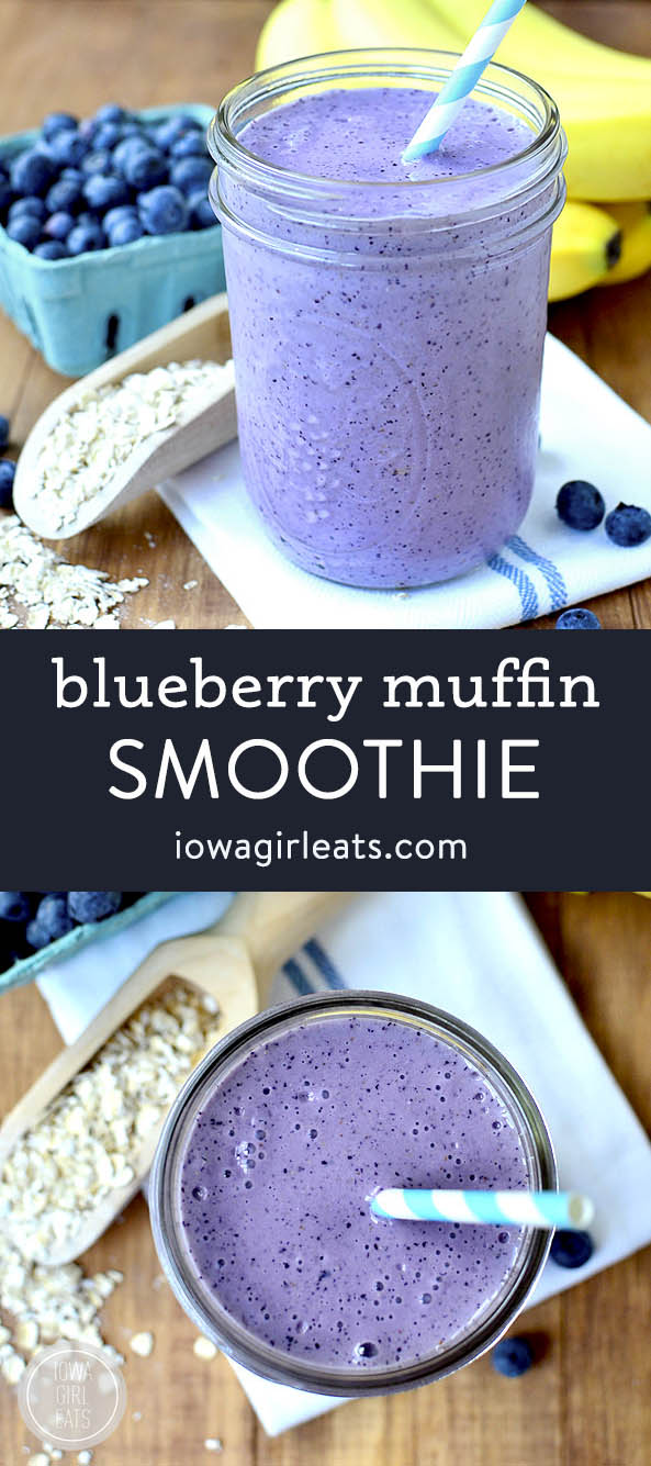 Photo collage of blueberry muffin smoothie