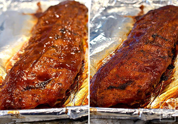 BBQ glazed ribs on a baking sheet