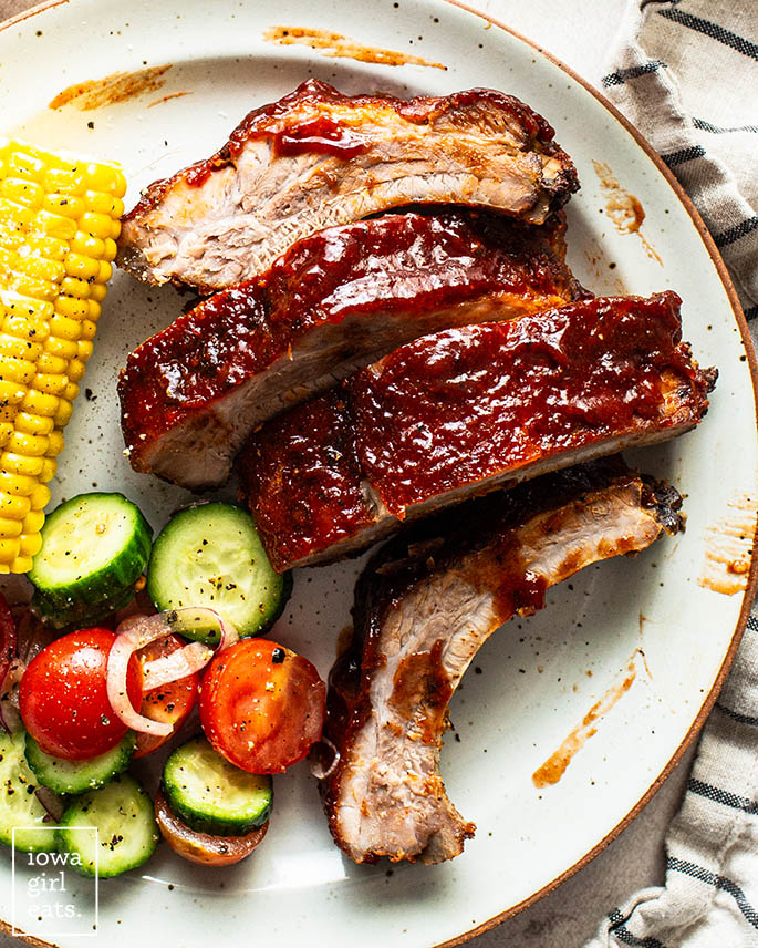 plate with sliced oven baked ribs