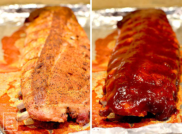 sauced and unsauced ribs on a baking sheet