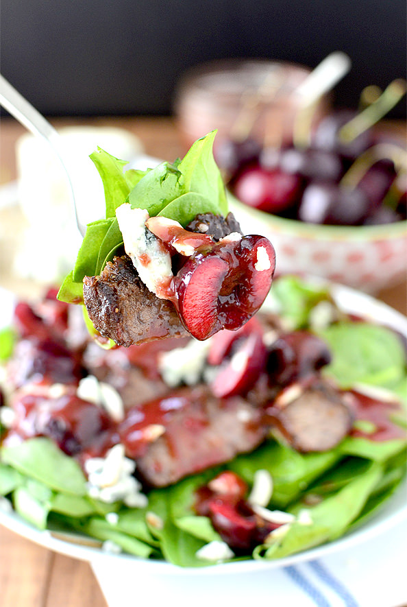 Cherry Almond Blue Steak Salad with Cherry Balsamic Vinaigrette | iowagirleats.com