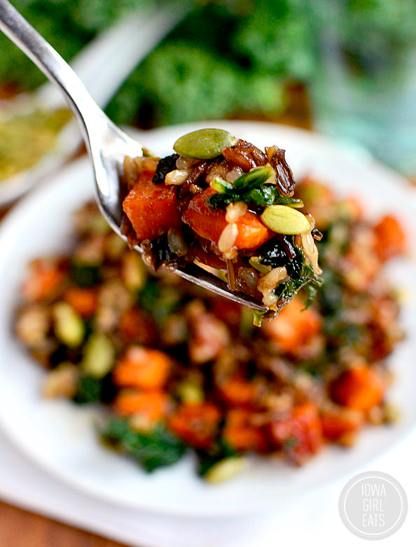 forkful of caramelied sweet potato and kale fried wild rice