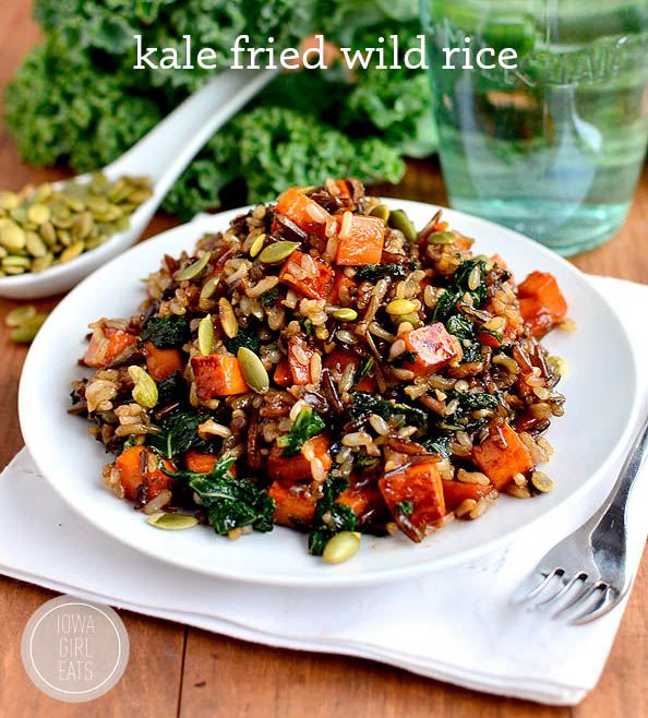 caramelied sweet potato and kale fried wild rice on a plate