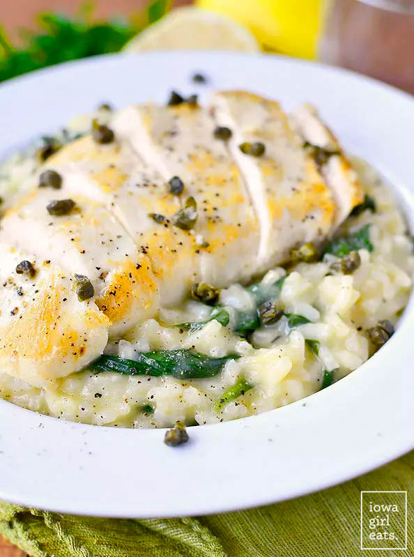 creamy risotto with chicken breast on top