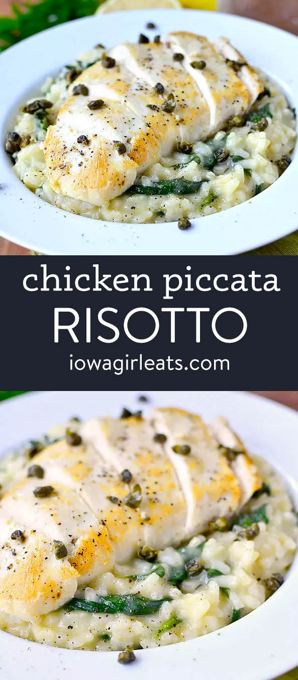 photo collage of chicken piccata risotto