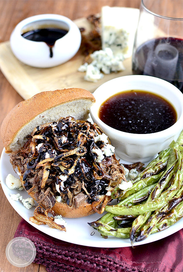 Crock Pot Balsamic Beef Sandwiches with Blue Cheese, Crispy Shallots and Easy Au Jus #glutenfree | iowagirleats.com