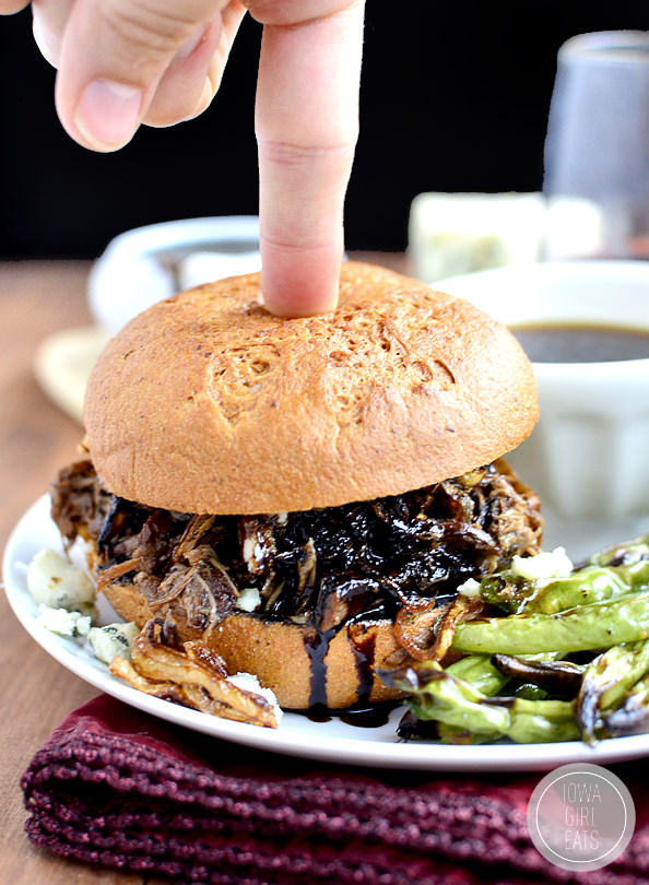 Crock Pot Balsamic Beef Sandwiches with Blue Cheese, Crispy Shallots and Easy Au Jus #glutenfree | iowagirleats.com
