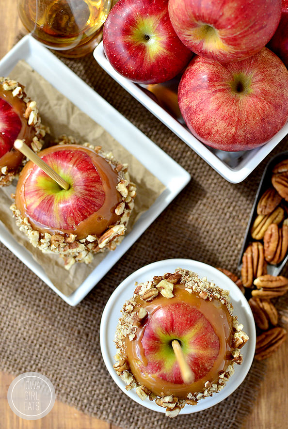 Easy Bourbon-Caramel Apples with Pecans are a grown-up treat for fall and Halloween! #glutenfree | iowagirleats.com