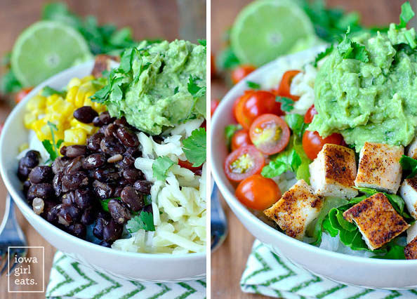fresh toppings in a homemade burrito bowl