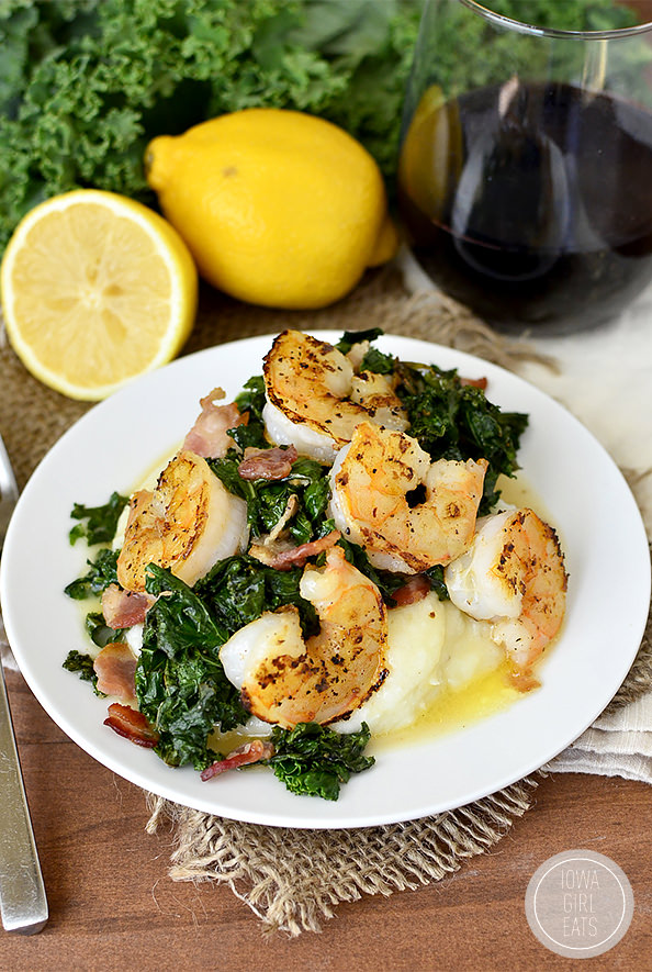 Crispy Bacon Kale and Shrimp with Lemon Butter Pan Sauce #glutenfree | iowagirleats.com