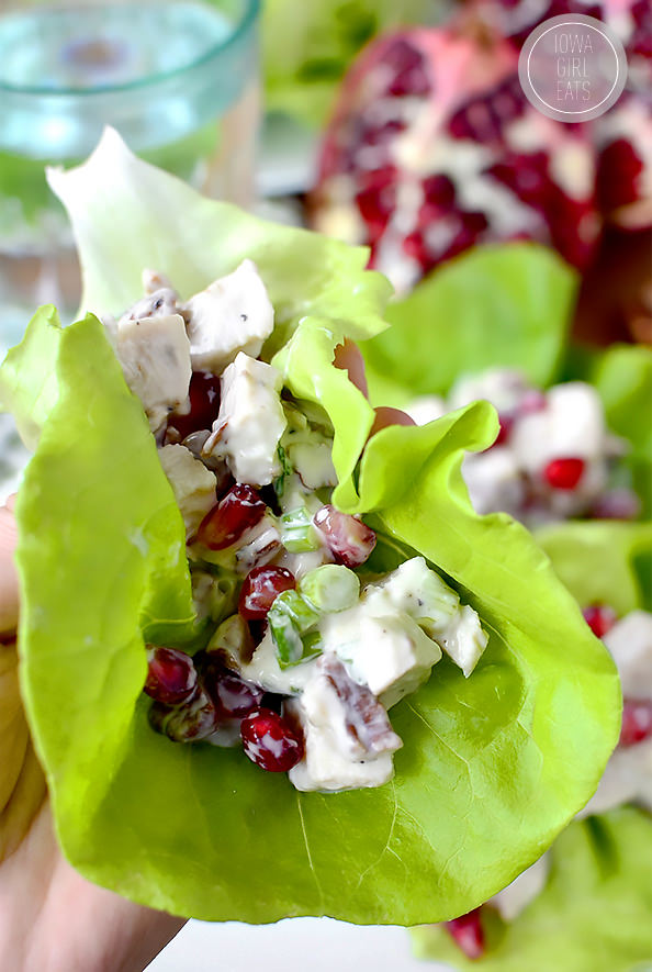 Honey, Pomegranate, Pecan Chicken Salad Lettuce Wraps #glutenfree | iowagirleats.com